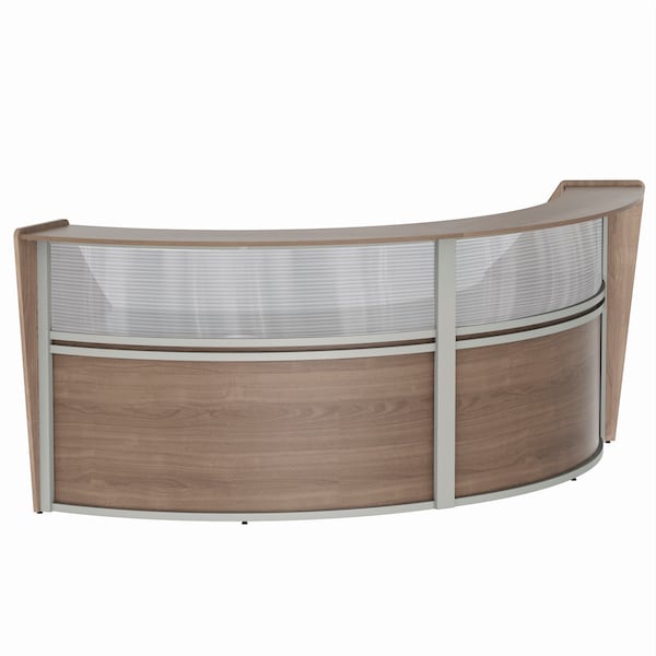 Reception Desk 49 in D X 46 in H, 10.3 ft W X Thermofused Laminate, Walnut, Clear